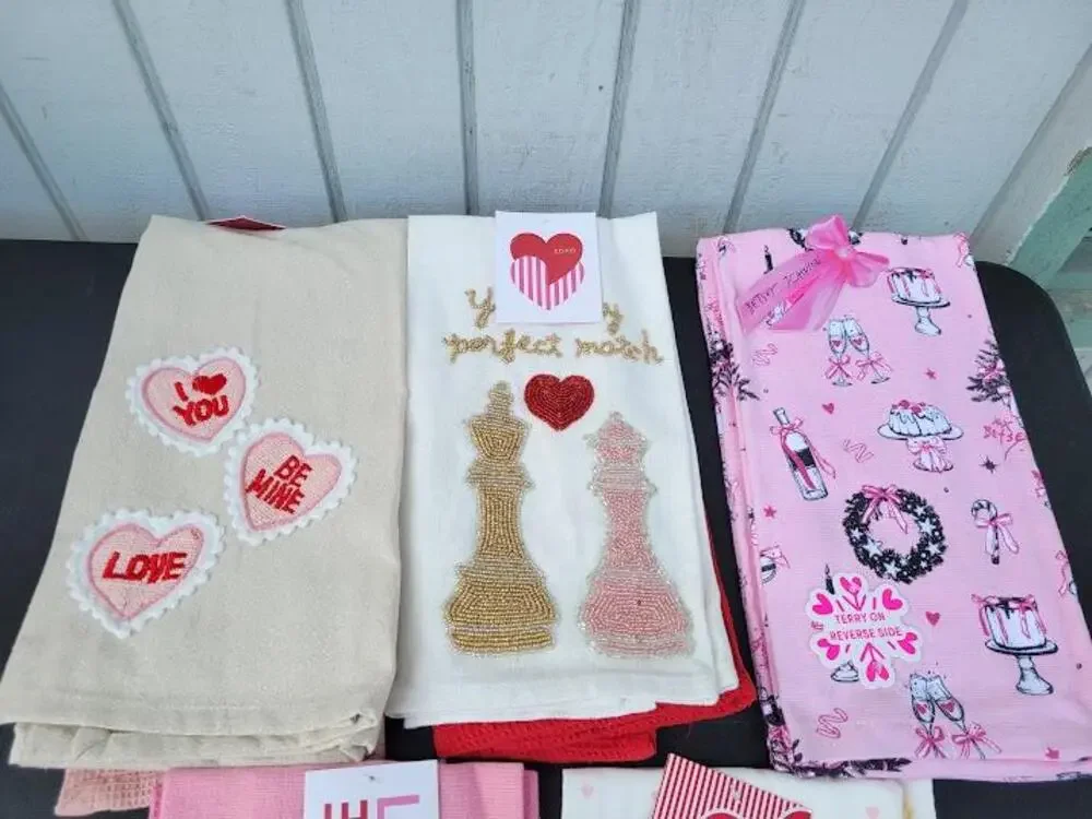 Valentine Hearts Kitchen Tea Towels Set 5Pc Cotton Embroidered Multicolor